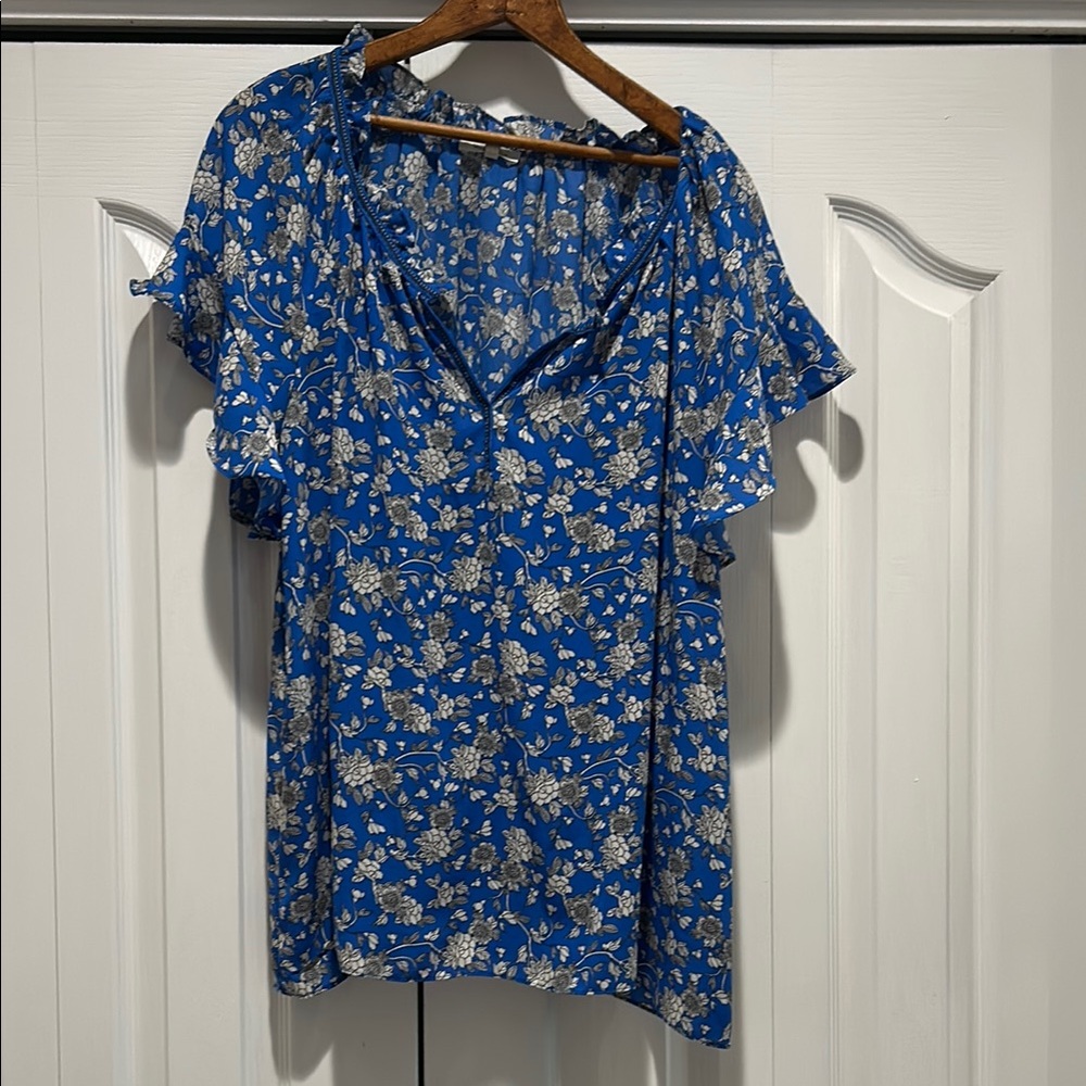 Max Studio Blue Ruffled Flutter Sleeve Blouse